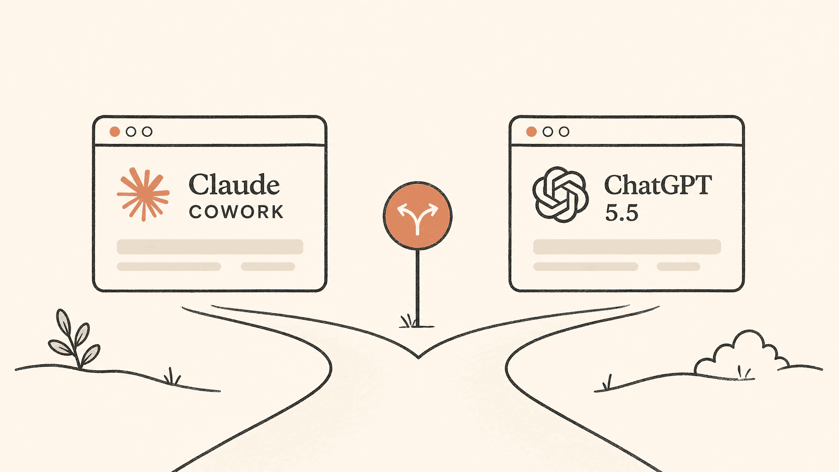 Norsk leder sammenligner ChatGPT 5.5 og Claude Cowork på laptop, skandinavisk linjekunst med terracotta-aksent