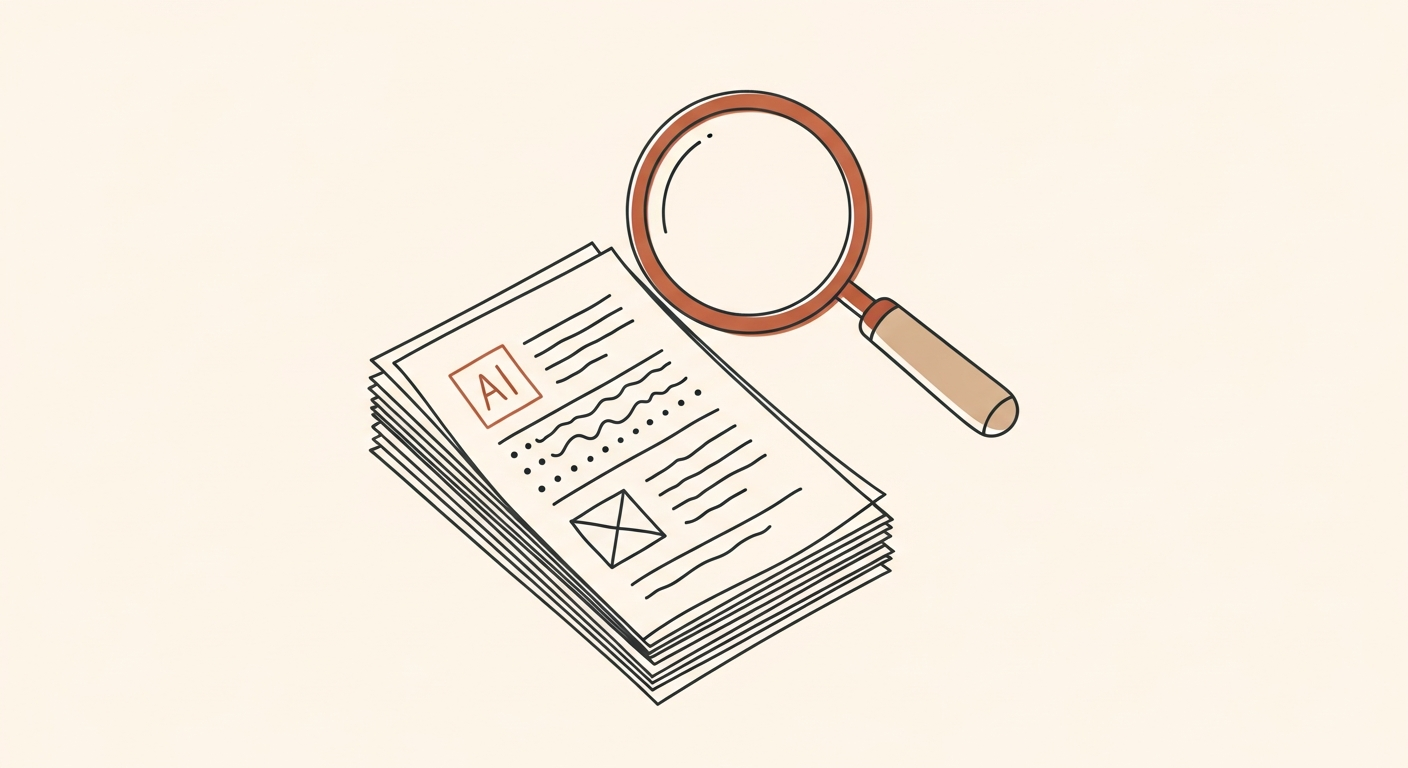 Minimalistisk linjekunst-illustrasjon av en stabel stillingsannonser med en uthevet AI-merket annonse og et forstørrelsesglass