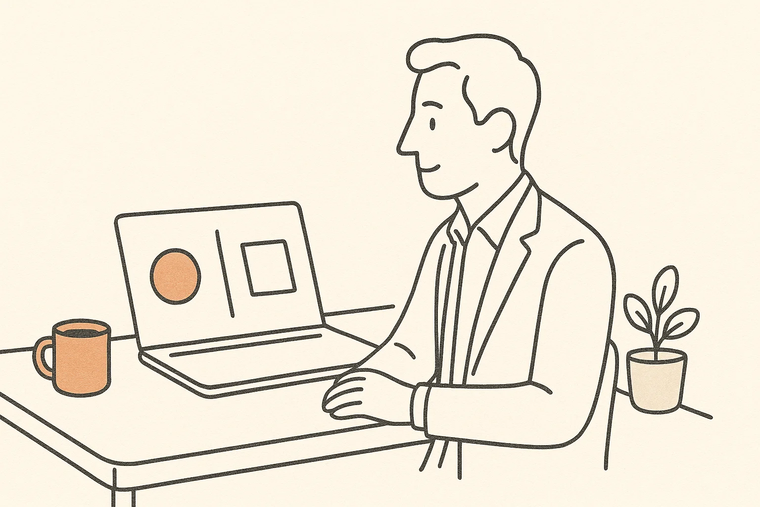 Norsk leder sammenligner ChatGPT 5.5 og Claude Cowork på laptop, skandinavisk linjekunst med terracotta-aksent