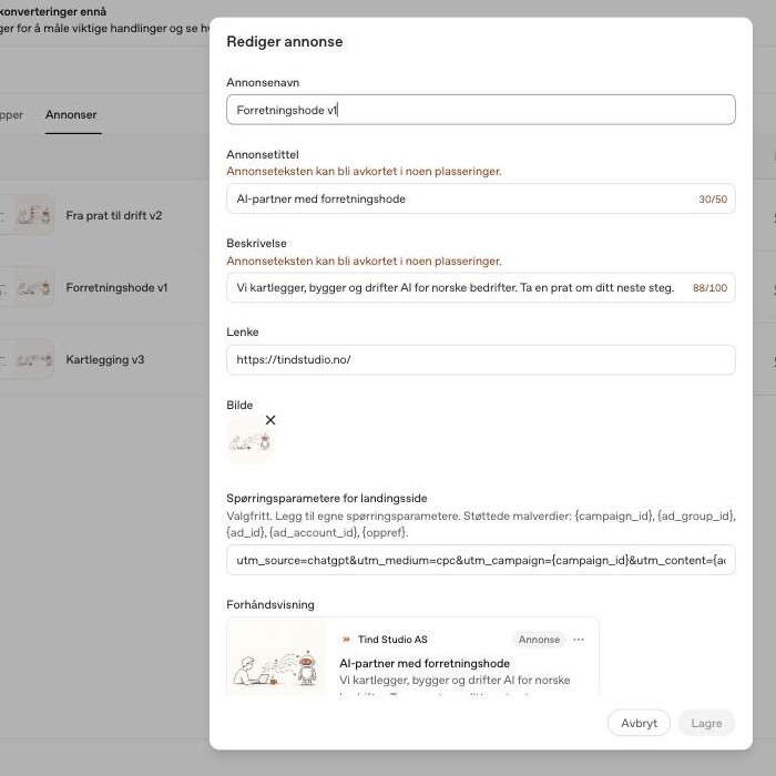 Annonseeditor i ChatGPT Ads med tegngrenser, UTM-felt og forhåndsvisning