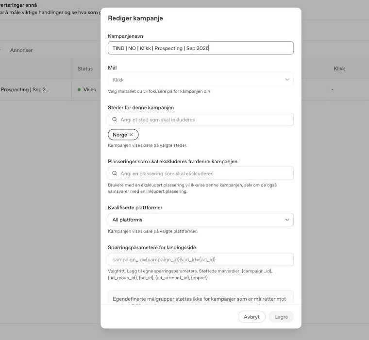 Kampanjeinnstillinger i OpenAI Ads Manager med mål, land og plattformer