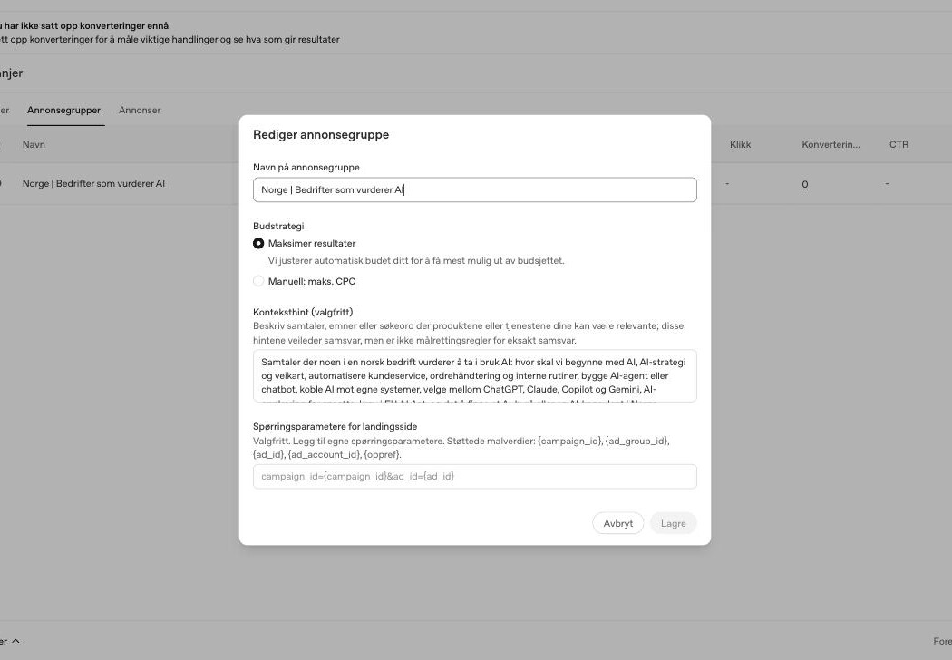 Konteksthint-feltet i ChatGPT Ads med beskrivelse av relevante samtaler