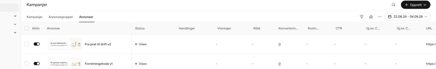 Tre aktive annonser i ChatGPT Ads med status «Vises»